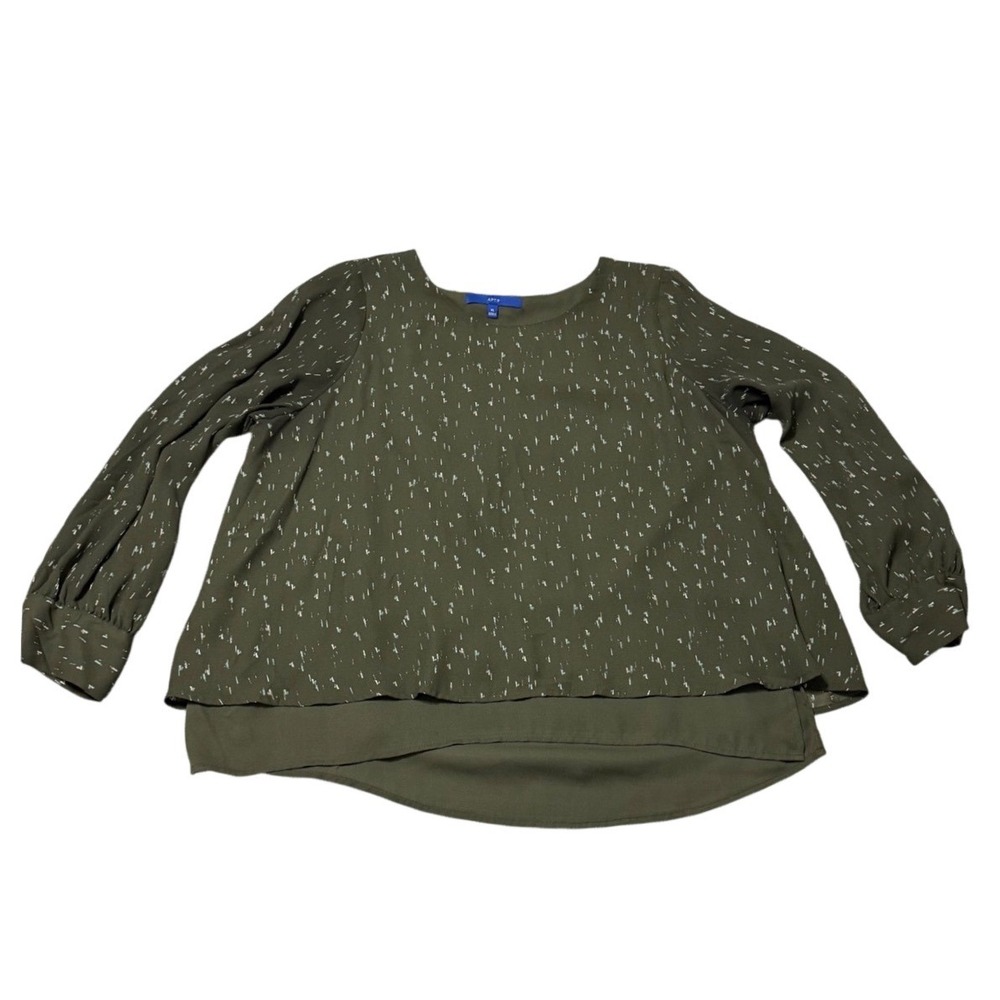 Apt. 9 Blouse Womens XL Olive Green Dash Print Layered Split Back Chiffon Top